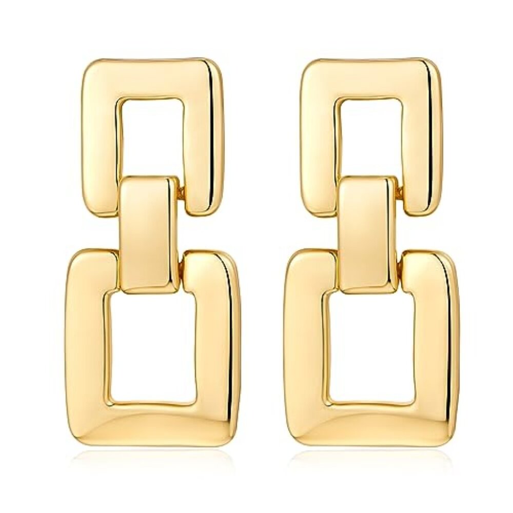 Gold Silver Geometric Drop Dangle‎ Earrings for Women Brushed Link Square Dangle